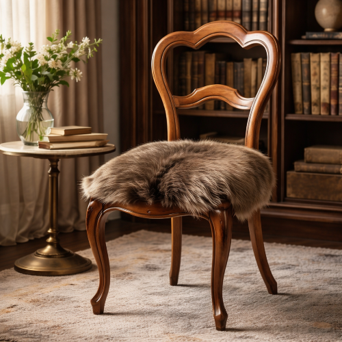 Klassisk stol i trä med fårskinn i elegant miljö