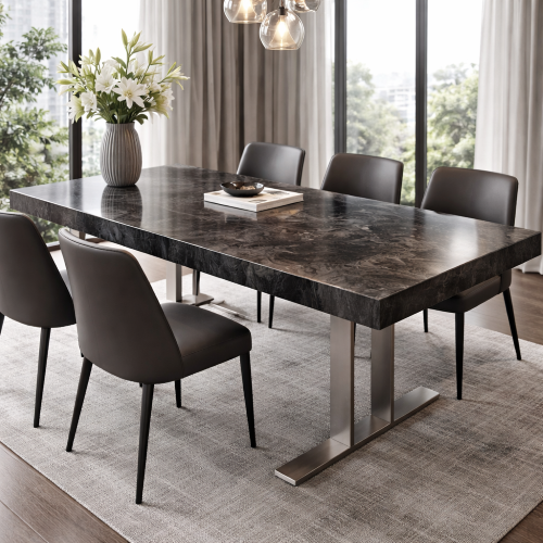 Exklusivt matbord i mörk färg med metallben och matchande stolar i modern miljö