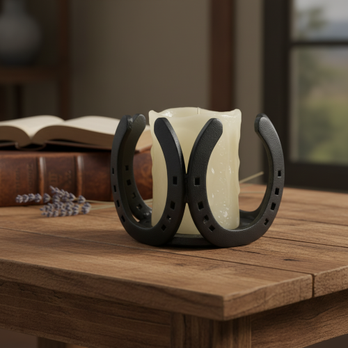 Dekorativ inredningsdetalj i metall av återbrukade hästskor