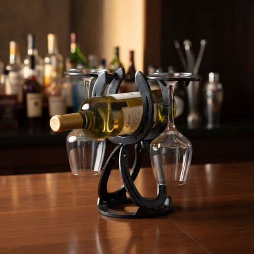 Unikt vinställ i metall tillverkat av återbrukade hästskor