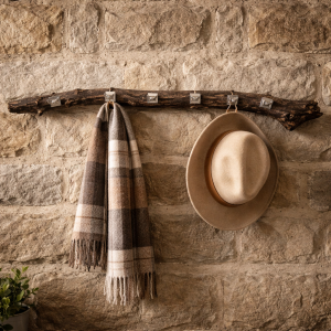 Väggmonterad inredningsdetalj i trä och metall med hatthängare